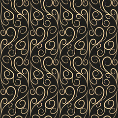 Seamless pattern, golden linear pattern, monogram on a dark background. Design for banner, leaflet, print, poster, wallpaper, fabric. Abstract geometry.
