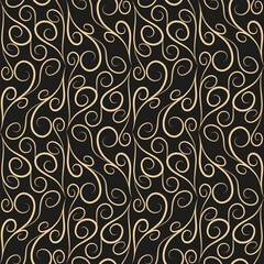 Seamless pattern, golden linear pattern, monogram on a dark background. Design for banner, leaflet, print, poster, wallpaper, fabric. Abstract geometry.
