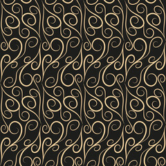 Seamless pattern, golden linear pattern, monogram on a dark background. Design for banner, leaflet, print, poster, wallpaper, fabric. Abstract geometry.
