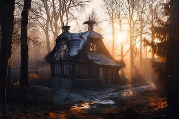 Old wooden shack, hut, shed, house sitting alone in a dreamy woodland setting.