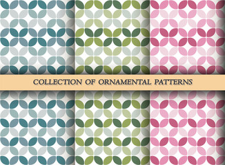 A set of seamless minimalistic geometric patterns. Design for banner, leaflet, print, poster, wallpaper, fabric. Abstract geometry.