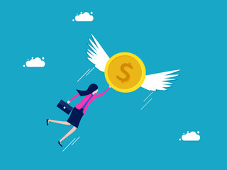 Financial independence. Inflation. Businesswoman flying with flying coins. Business and investment concept vector