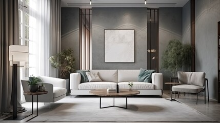 Plakat Modern interior of living room with sofa, coffee tables, armchair against stucco wall 3d rendering. Created with Generative AI Technology. 