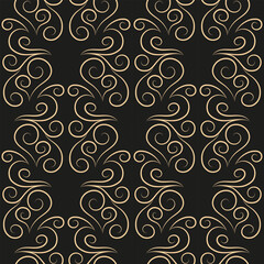 Seamless pattern, golden linear pattern, monogram on a dark background. Design for banner, leaflet, print, poster, wallpaper, fabric. Abstract geometry.
