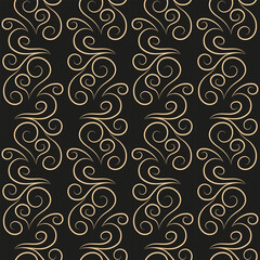 Seamless pattern, golden linear pattern, monogram on a dark background. Design for banner, leaflet, print, poster, wallpaper, fabric. Abstract geometry.
