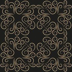 Seamless pattern, golden linear pattern, monogram on a dark background. Design for banner, leaflet, print, poster, wallpaper, fabric. Abstract geometry.
