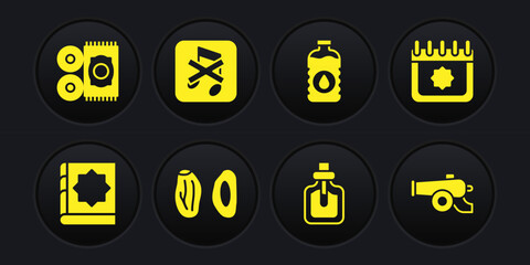 Set Holy book of Koran, Ramadan calendar, Date fruit, Perfume, Bottle water, Speaker mute, cannon and Traditional carpet icon. Vector