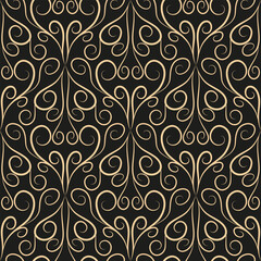 Seamless pattern, golden linear pattern, monogram on a dark background. Design for banner, leaflet, print, poster, wallpaper, fabric. Abstract geometry.

