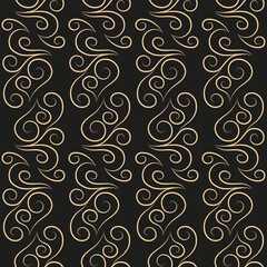 Seamless pattern, golden linear pattern, monogram on a dark background. Design for banner, leaflet, print, poster, wallpaper, fabric. Abstract geometry.
