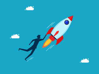 Freedom and innovation. man clinging to a rocket. business and investment concept vector