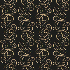 Seamless pattern, golden linear pattern, monogram on a dark background. Design for banner, leaflet, print, poster, wallpaper, fabric. Abstract geometry.

