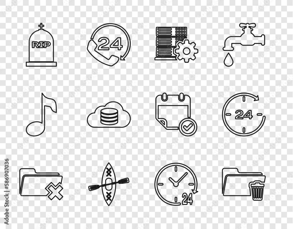 Poster set line delete folder, server setting, kayak and paddle, tombstone with rip written, cloud database