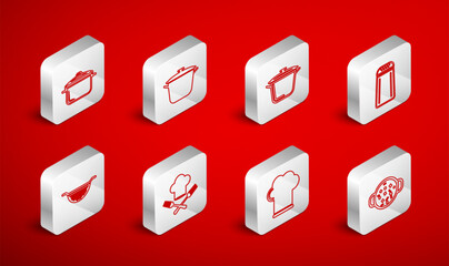 Set line Cooking soup in pot, Salt and pepper, Chef hat, fork and Kitchen colander icon. Vector
