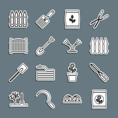 Set line Fertilizer bag, Gardening handmade scissor, fence, shovel, and Automatic irrigation sprinklers icon. Vector