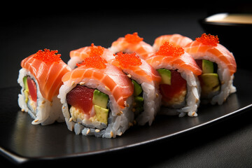 Close-up the finest of Uramaki sushi, Japanese. Ai generated.