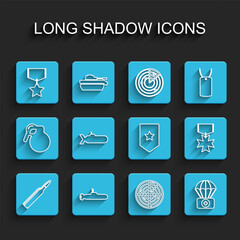Set line Bullet, Submarine, Military reward medal, Radar with targets, Parachute first aid kit, and Chevron icon. Vector