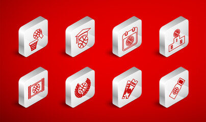 Set line Basketball game ticket, training, on sport calendar, Sports winner podium, and basket, Award with basketball and video icon. Vector