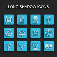 Set line Christian cross, on chain, Decree, paper, parchment, scroll, chalice, The commandments, Star of David, Moon and Pastafarianism icon. Vector