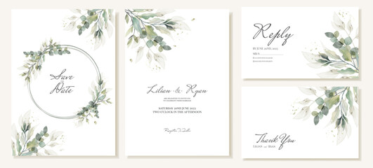 Set of rustic wedding invitations, rsvp and thank you cards with watercolor green leaves. Vector - obrazy, fototapety, plakaty