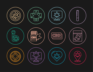Set line Location and marijuana, Plastic bag of cannabis, Medical bottle with, Chemical test tube, Stop or leaf, Cannabis molecule and icon. Vector