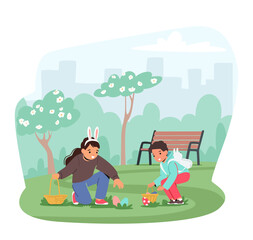 Kids Excitedly Scour A Park For Eggs With Basket In Hand. Colorful Eggs Are Hidden Amidst Trees And Grass Illustration