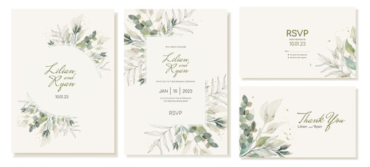 Set of wedding invitations, thank you and rsvp cards in rustic style with green leaves and branches in watercolor style. Vector