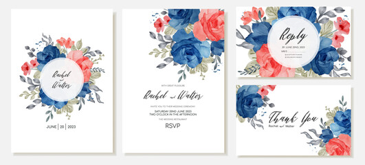 Wedding invitation, thank you cards and rsvp with watercolor flowers, blue and red roses, leaves. Vector