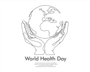 World health day.Single continuous line of hands holding  the globe. Earth globe in human hands.