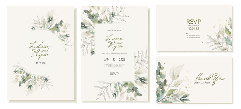Set of wedding invitations, thank you and rsvp cards in rustic style with green leaves and branches in watercolor style. Vector