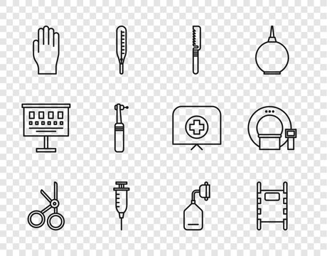 Set line Medical scissors, Stretcher, saw, Syringe, rubber gloves, Tooth drill, oxygen mask and Tomography icon. Vector