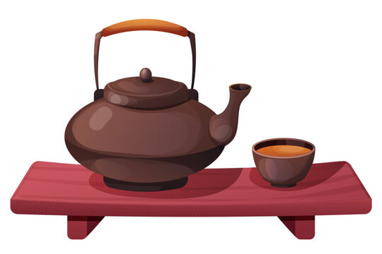 Traditional Japanese kettle or teapot with cups on wooden table, tea ceremony in cartoon style isolated on white background