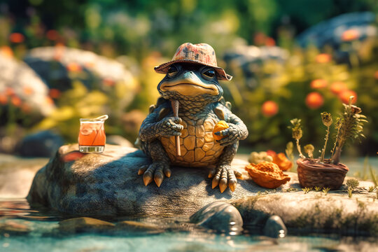 A relaxed turtle wearing a straw hat and sunglasses, sunbathing on a rock in a pond with a fruity drink in its paw