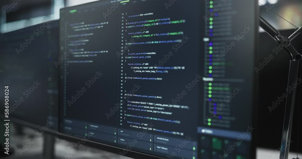 Fototapete Close Up Focus on Desktop Computer Screen. Digital Display Showing Coding Language User Interface. Software Engineer Programming Innovative e-Commerce Software in Office