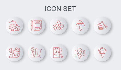 Set line Falling property prices, Global economic crisis, Credit card, Dollar rate decrease, Contract money and pen, Drop crude oil and Mobile stock trading icon. Vector