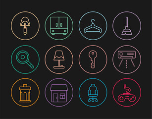 Set line Gamepad, Air conditioner, Hanger wardrobe, Table lamp, Frying pan, Spatula, House key and Wardrobe icon. Vector