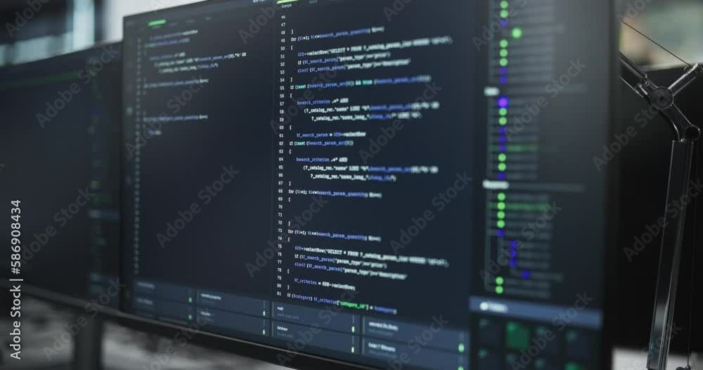 Poster Close Up of a Computer Monitor Screen with Software Utility Tool with Written Programming Language on Display. Technological Software Research and Development Concept