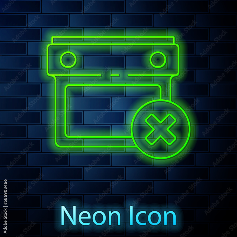 Poster glowing neon line calendar date delete icon isolated on brick wall background. event reminder symbol