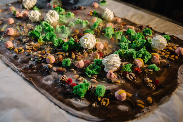 Hand made chocolate with nuts, almond, walnut, cream, candies, jelly and decor. Cooled liquid nitrogen on hot chocolate. Chocolatier сooking, cooling melted mass. Closeup