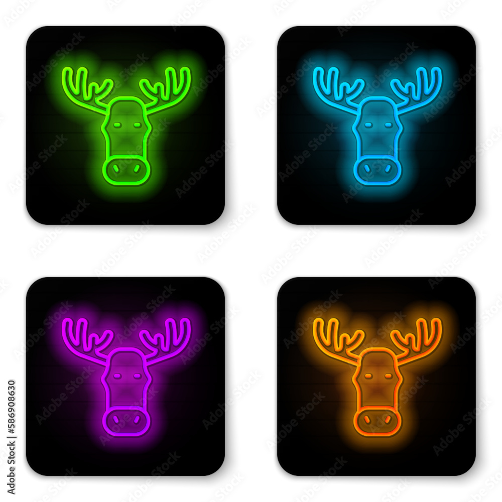 Canvas Prints Glowing neon line Moose head with horns icon isolated on white background. Black square button. Vector