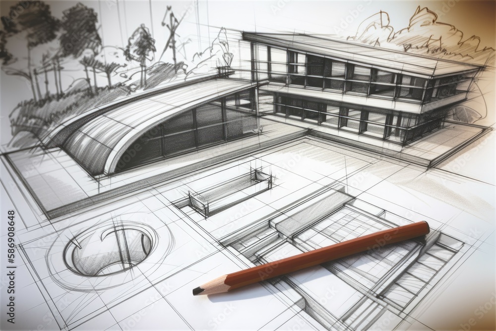 Poster modern villat architecture design. project sketch. generate ai