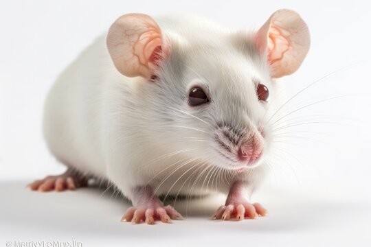 close up of an albino white lab mouse against a white background. Generative AI