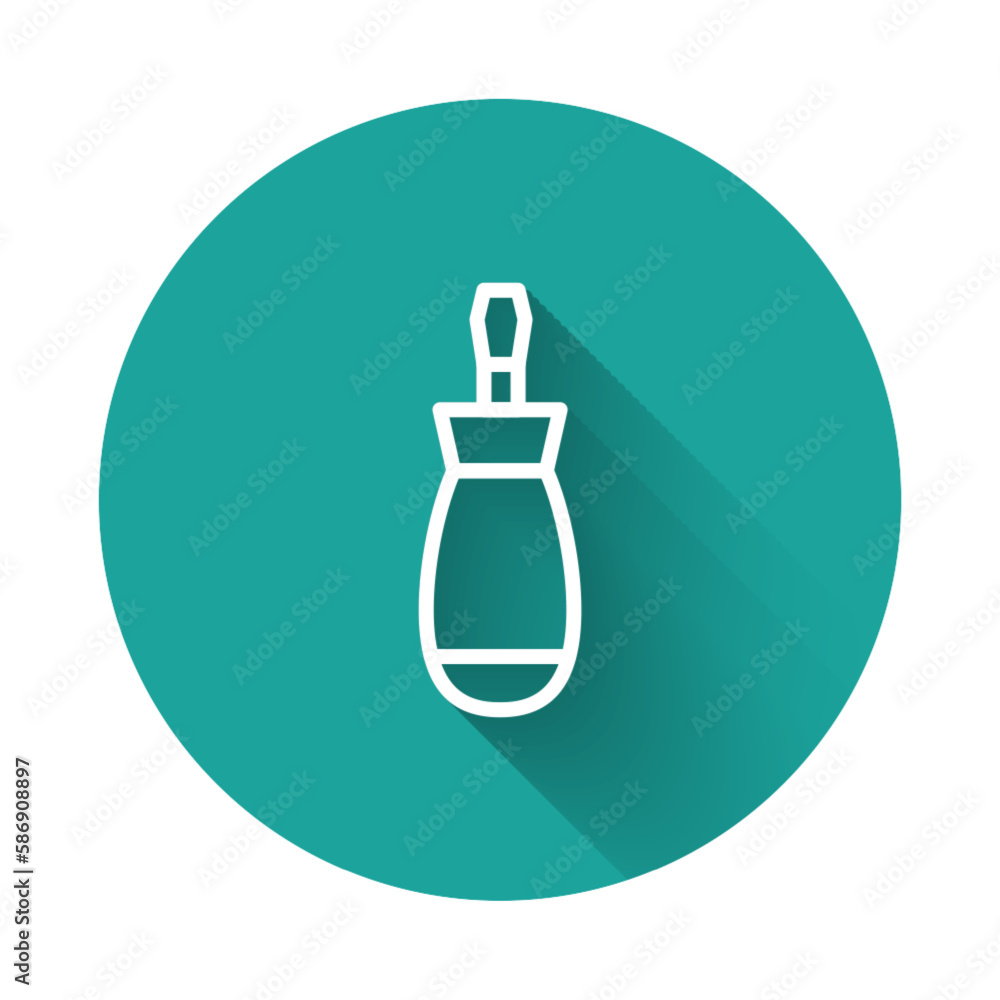 Poster white line screwdriver icon isolated with long shadow background. service tool symbol. green circle 