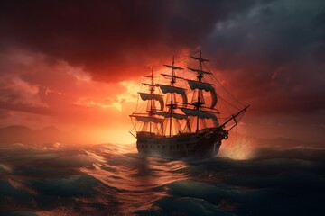 Obraz premium Ship in storm sea. Ocean boat at sunset. Generate Ai