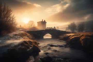 Foto op Canvas Strange Castle, sitting alone in a dreamy landscape setting. With warm sun rays breaking through the mist. © MD Media
