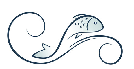 The symbol of a stylized fish with blue wave.
