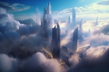 Clouds hireses big future. City skyscraper fog. Generate Ai