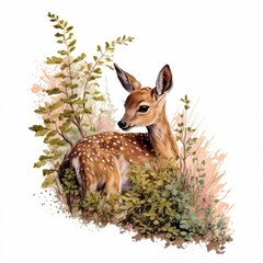 A shy fawn nibbles at a watercolor bush Generative Ai