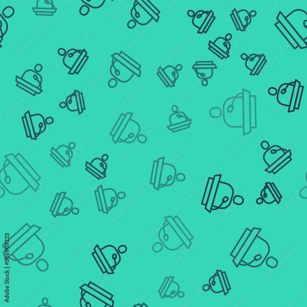 Poster black line gives lecture icon isolated seamless pattern on green background. stand near podium. spea