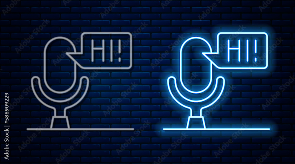 Poster glowing neon line microphone voice device icon isolated on brick wall background. microphone interpr