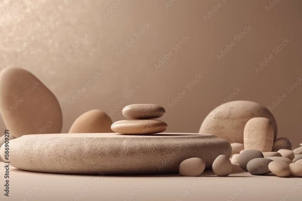 Poster stack of balanced rocks on a wooden table. generative ai